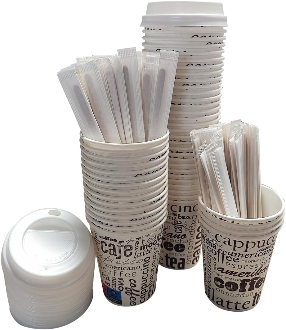 100 Vasos Desechables Café de Papel Cartón de 200 ml con 100 tapas con 100 Paletinas de Madera