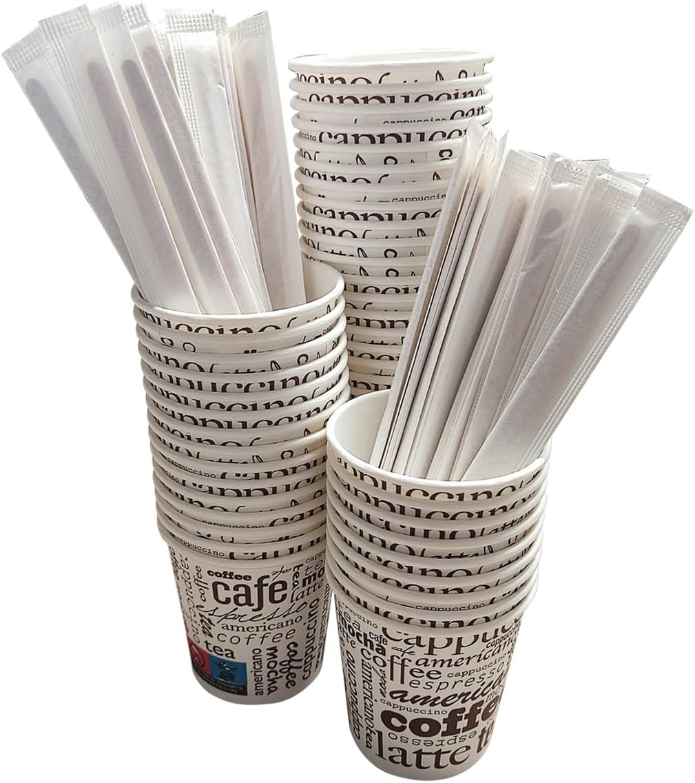 200 Vasos Desechables Café de Papel de 240 ml Incluyen 200 Paletinas de Madera
