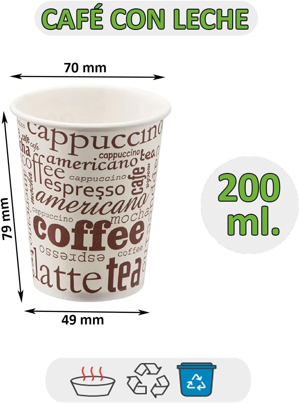 100 Vasos Desechables Café de Papel Cartón de 200 ml con 100 tapas con 100 Paletinas de Madera