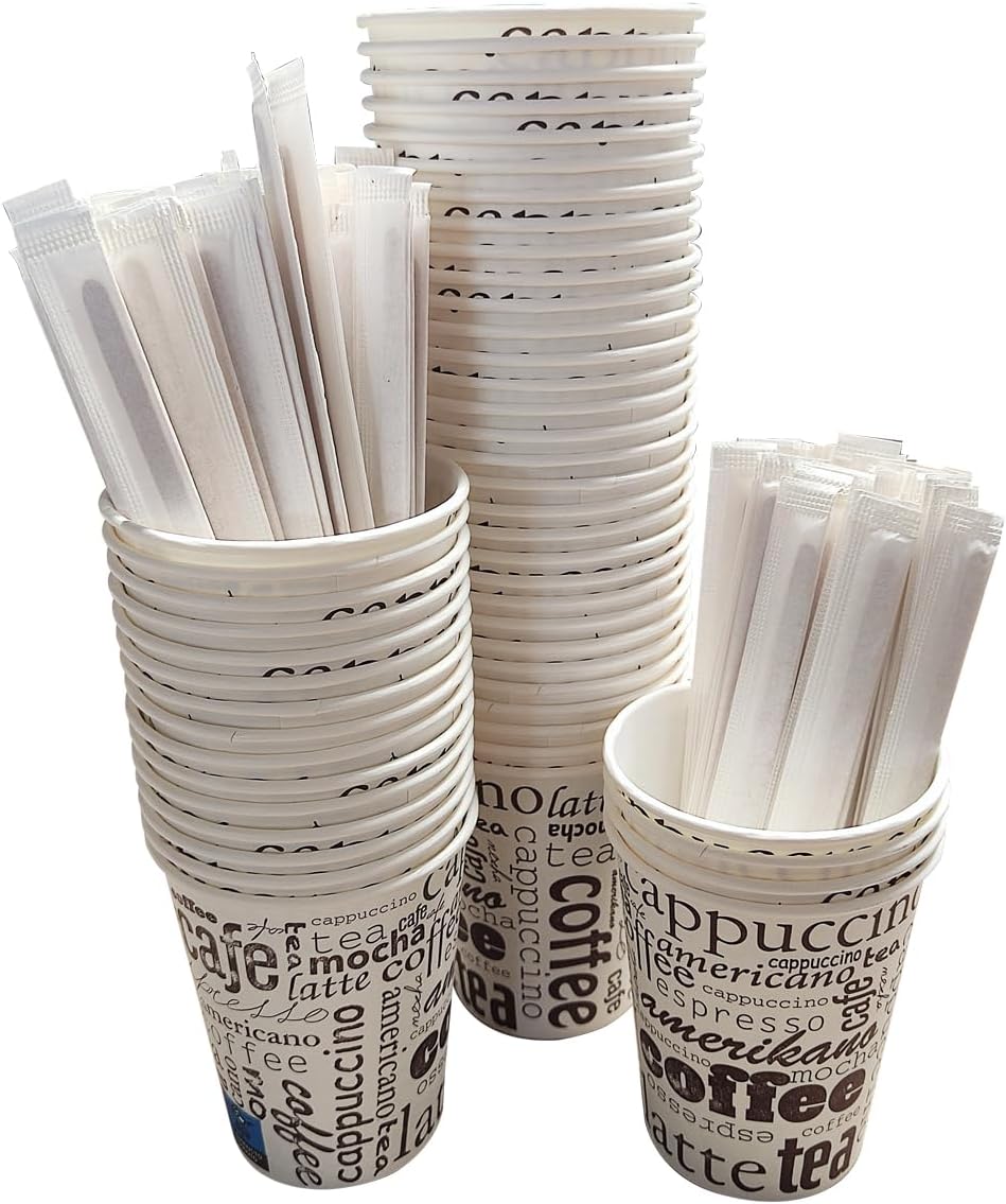 100 Vasos Desechables Café de Papel de 200 ml incluyen 100 Paletinas de Madera