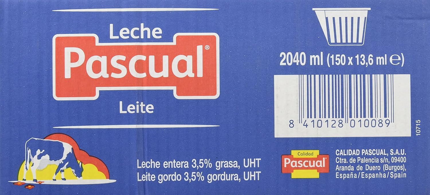 Leche Pascual Entera - Caja de 150 Tarrinas de 14 ml - Monodosis, Sin necesidad de refrigeración