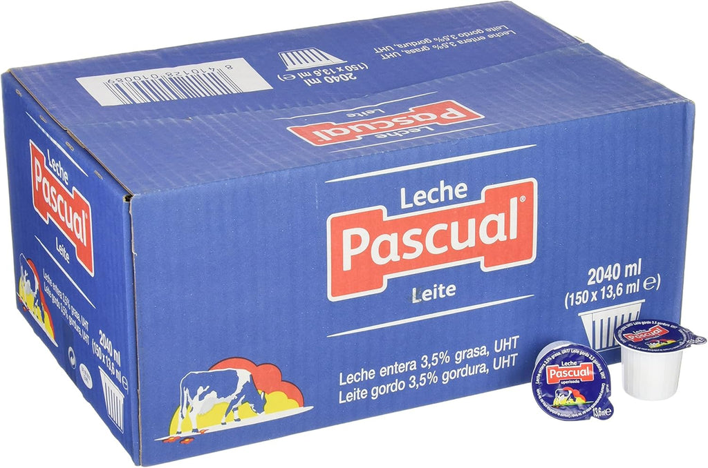 Leche Pascual Entera - Caja de 150 Tarrinas de 14 ml - Monodosis, Sin necesidad de refrigeración
